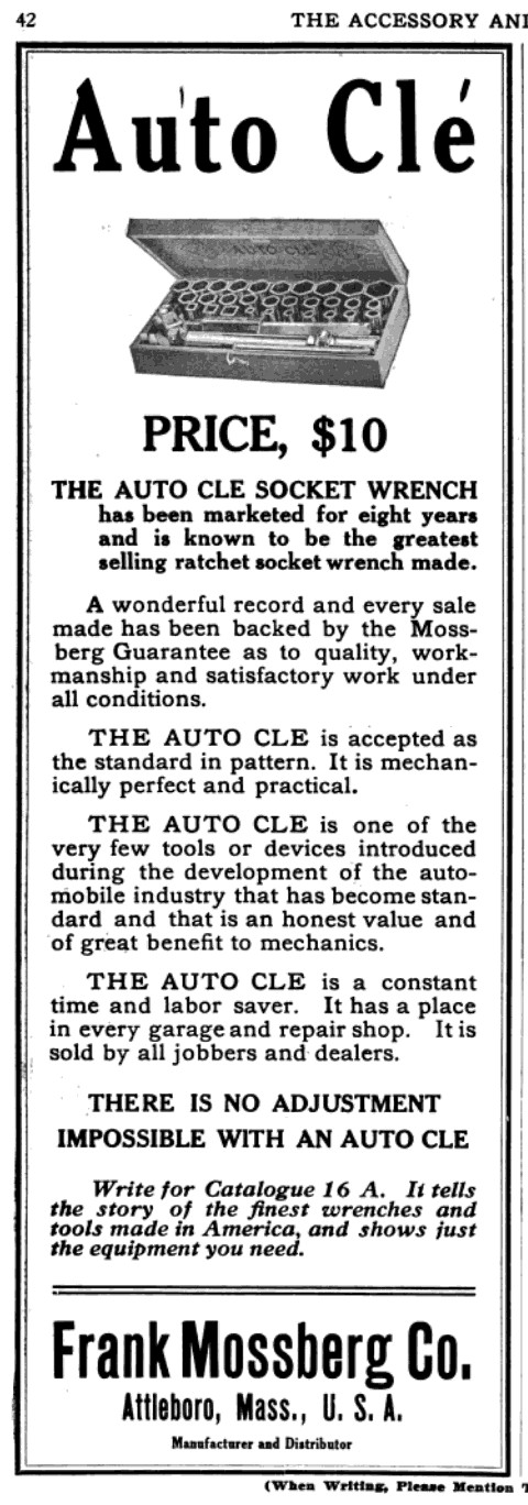 [1914 Advertisement for Mossberg Auto-Clé Socket Sets]