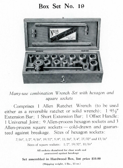 [1922 Catalog Listing for Allen Bay State No. 19 Socket Set]