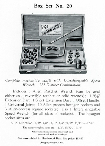 [1922 Catalog Listing for Allen Bay State No. 20 Socket Set]