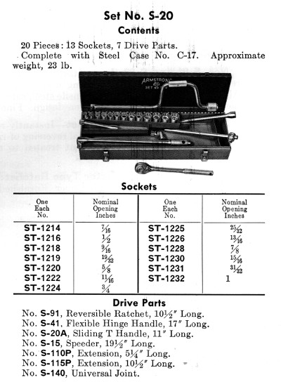 [1966 Catalog Listing for Armstrong S-20 Socket Set]