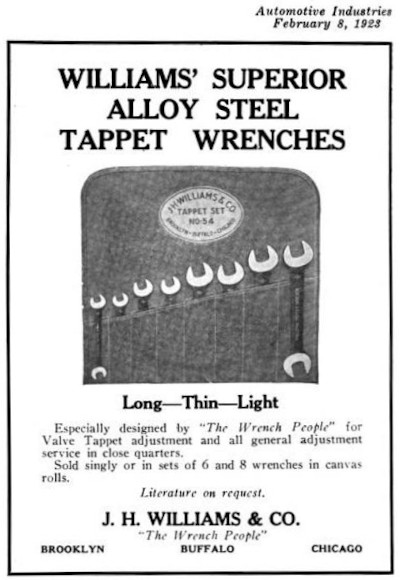 [1923 Ad for Williams Tappet Wrenches]
