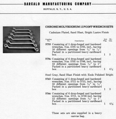 [1934 Catalog Listing for Barcalo Offset Box Wrench Sets]