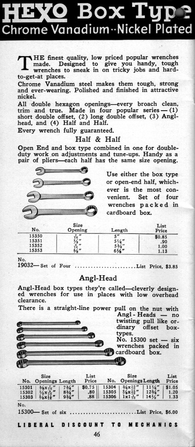 [1934 Catalog Listing for HeXo Wrenches]