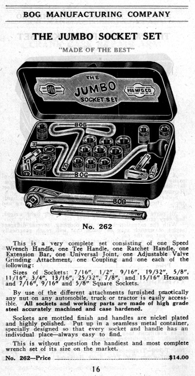 [1927 Catalog Listing for Bog Jumbo Socket Set]