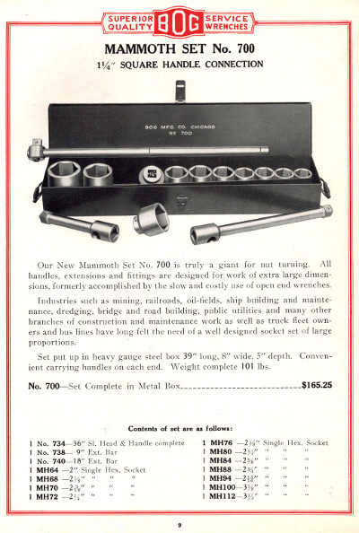 [1932 Catalog Listing for Bog No. 700 Socket Set]