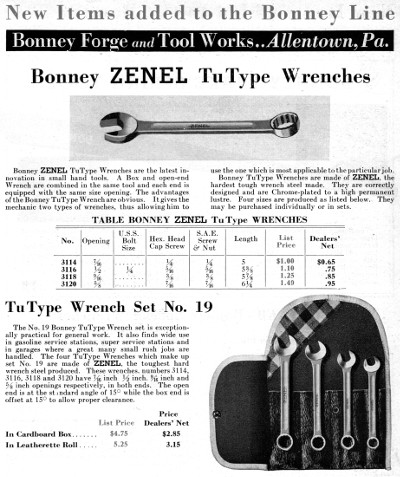 [May, 1933 Catalog Listing for Bonney Zenel TuType Wrenches]