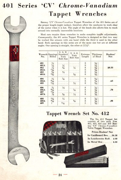 [1933 Catalog Listing for Bonney 401 Series Tappet Wrenches]