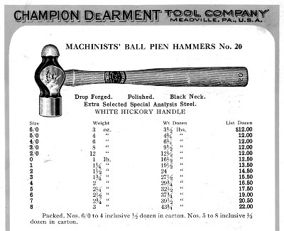 [1928 Catalog Listing for Champion De Arment Ballpeen Hammers]