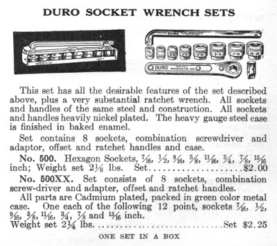 1933 Catalog Listing for Duro No. 500XX Socket Set]