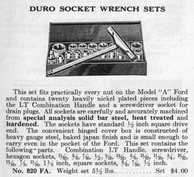 1933 Catalog Listing for Duro No. 820FA 1/2-Drive Socket Set]