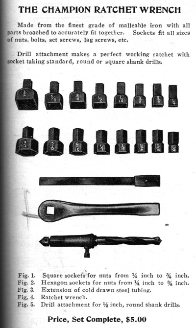 [1910 Catalog Listing for Champion Ratchet Wrench Socket Set]