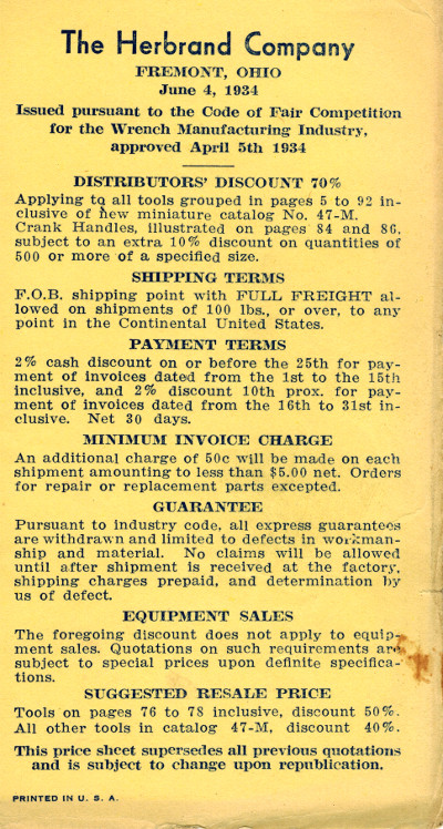 [1934 Discount Sheet for Herbrand Catalog 47-M]