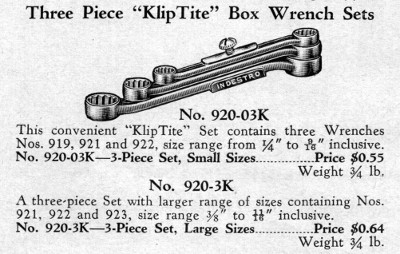 [1938 Catalog Listing for Indestro Klip Tite Wrench Set]