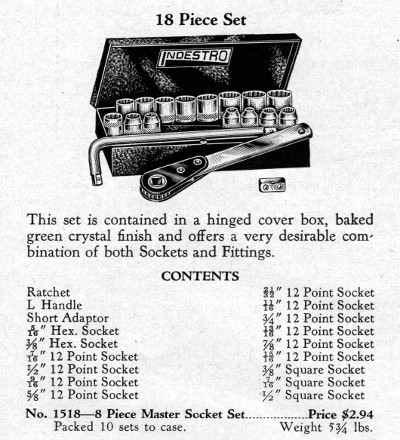 [1938 Catalog Listing for Indestro No. 1518 1/2-Drive Socket Set]