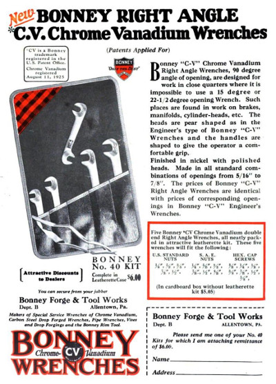 [1926 Ad for Bonney Right Angle Wrenches]