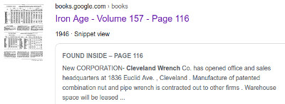 [1946 Snippet for Cleveland Wrench]