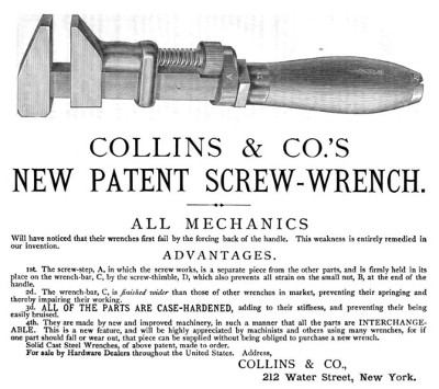 [1868 Advertisement for Collins Screw Wrench]