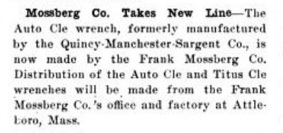 [1908 Notice of Mossberg Auto-Clé Acquisition]