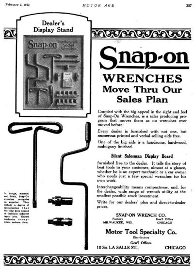 [1922 Ad for Snap-on Interchangeable Socket Wrenches]