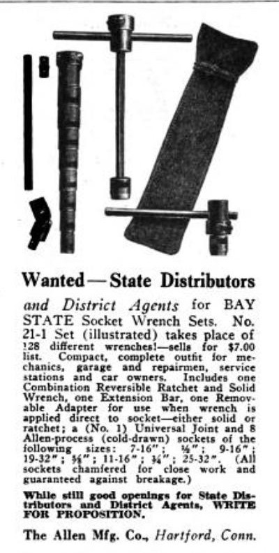 [1922 Ad for Allen Mfg. Bay State Socket Set]