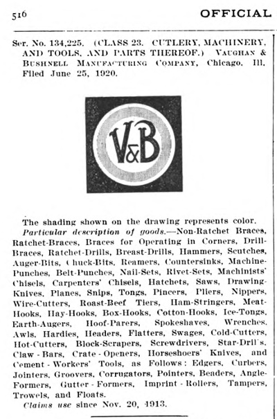 [1920 Trademark Filing for Vaughan & Bushnell]
