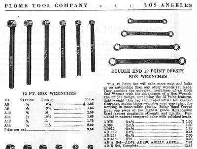 [1928 Catalog Listing for Plomb 12-Point Box-End Wrenches]