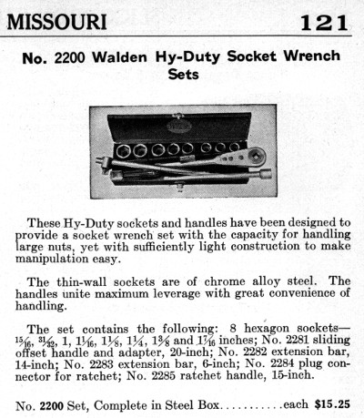 [1930 Catalog Listing of Walden No. 2200 Hy-Duty Socket Set]