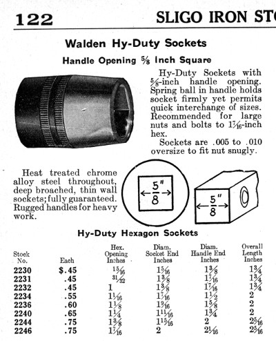 [1930 Catalog Listing of Walden 5/8-Drive Hy-Duty Sockets]