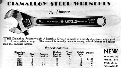 [1935 Catalog Listing for Diamalloy Adjustable Wrenches]
