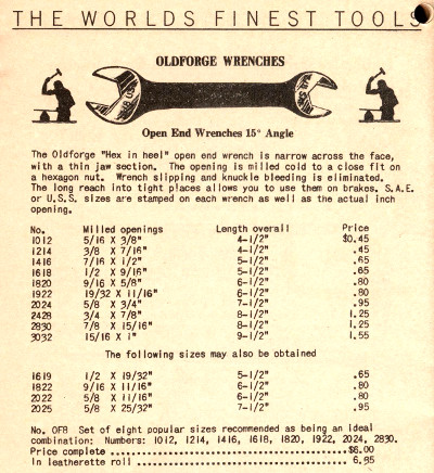 [1933 Catalog Listing for Old Forge Open-End Wrenches]