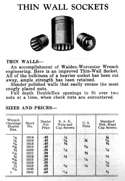 [1932 Catalog Listing of Walden 18xx Thin Wall Sockets]