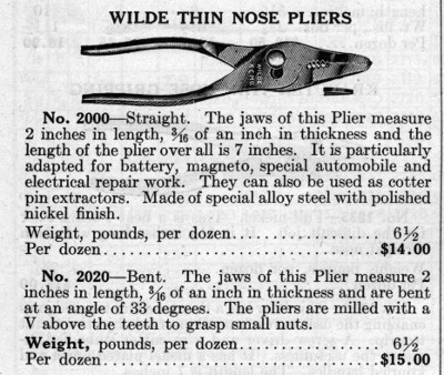 [1924 Catalog Listing for Wilde Thin-Nose Pliers]