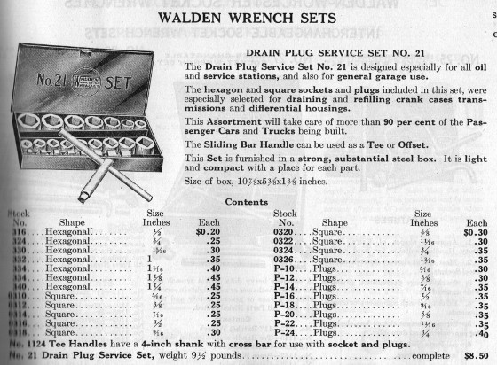 [1925 Catalog Listing for Walden No. 21 Drain Plug Service Set]