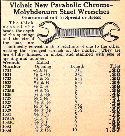 [1930 Catalog Listing for Vlchek Parabolic Wrenches]