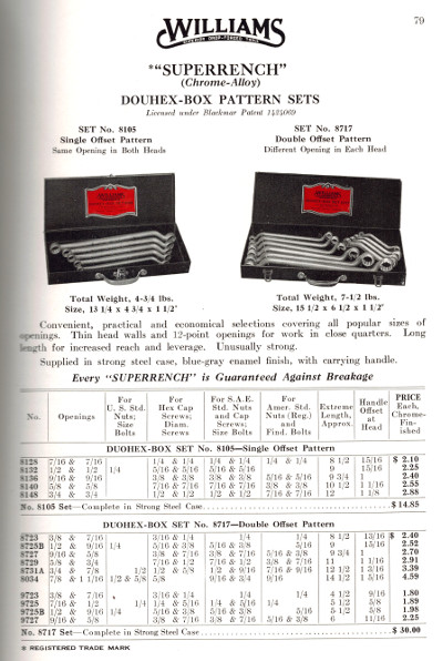 [1932 Catalog Listing for Williams Duohex-Box Offset Box Wrench Sets]