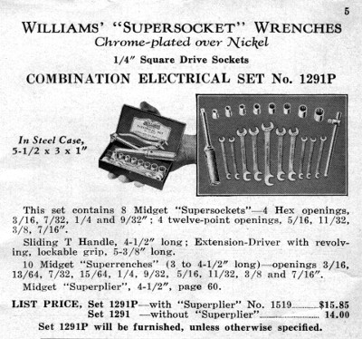 [1941 Catalog Listing for Williams No. 1291P 1/4-Drive Midget Electrical Set]