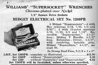 [1941 Catalog Listing for Williams No. 1269PR 1/4-Drive Midget Electrical Set]
