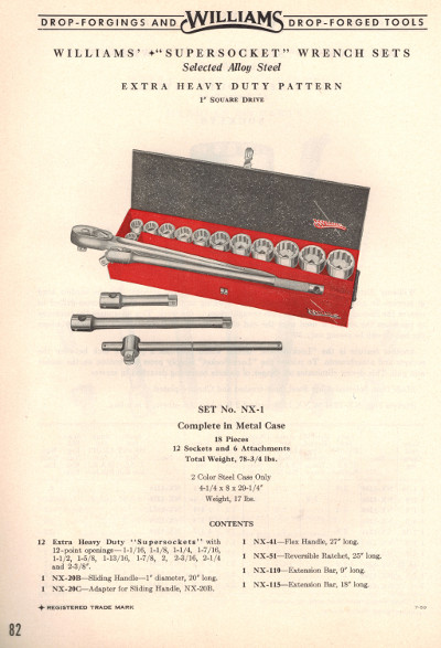 [1950 Catalog Listing for Williams NX-1 1 Inch Drive Socket Set]