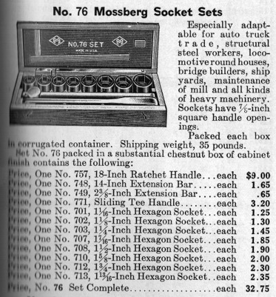 [1928 Catalog Listing for Mossberg No. 76 7/8-Drive Socket Set]